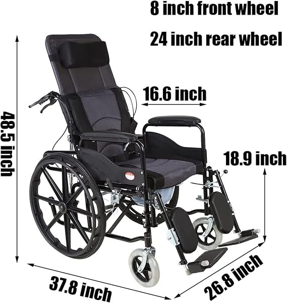 Full Reclining Wheelchair, High Back Reclining Commode Wheelchairs, Folding Outdoor Comfortable Mobile Wheelchair Displacement Machine for Adult