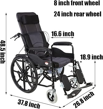 Full Reclining Wheelchair, High Back Reclining Commode Wheelchairs, Folding Outdoor Comfortable Mobile Wheelchair Displacement Machine for Adult
