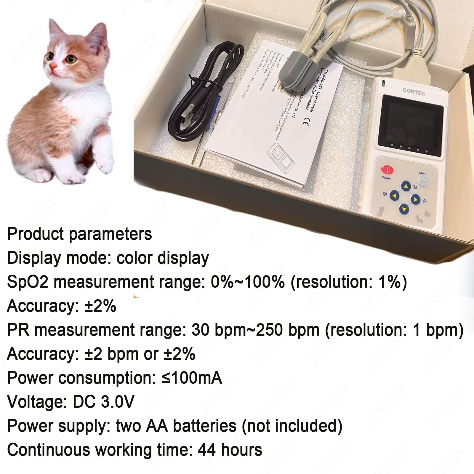 JOSBY Ossimetro Veterinario Portatile, 30 BPM~250 BPM Monitor della frequenza cardiaca degli Animali, con sonda e Cavo USB, sensore SPO2 Orecchio/Lingua, per Famiglia, Ospedale per Animali Domestici