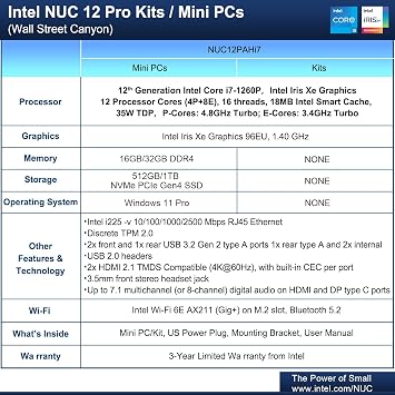 ASUS NUC 12Pro, Intel NUC 12 Pro NUC12WSHi7 Mini PC, Intel Core i7-1260P (12C/16T, Up to 4.8GHz), 32GB DDR4 RAM, 1TB PCIe 4.0 NVMe SSD, Iris Xe Graphics, WiFi 6E, BT 5.3, 8K Support, Win 11 Pro