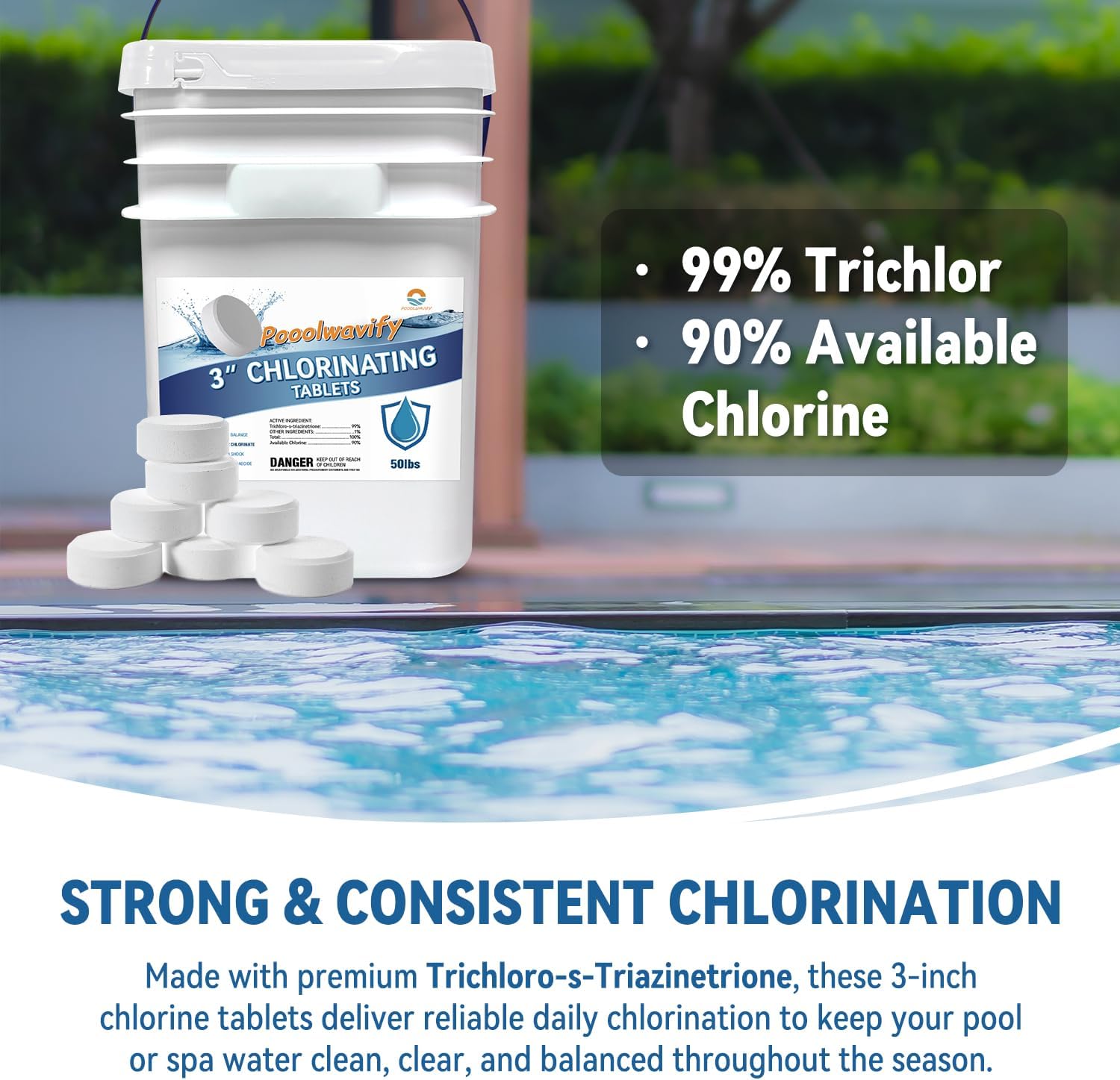 3 Inch Chlorine Tablets for Swimming Pools & Spas | 90% Available Chlorine Trichlor Pool Tablets | Long-Lasting Slow Dissolving Sanitizer for Clean & Clear Water (3inch-50Lbs)