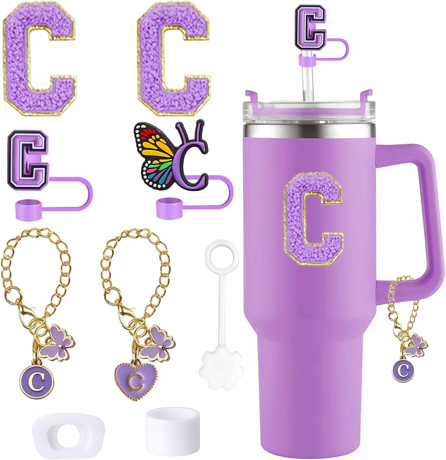 Butterfly Cup Accessories for Stanley 30oz 40oz, Letter Charm Set | Butterfly straw cover, silicone stoppers and stickers for for Stanley 30oz/40oz. Leak-proof cup decor.