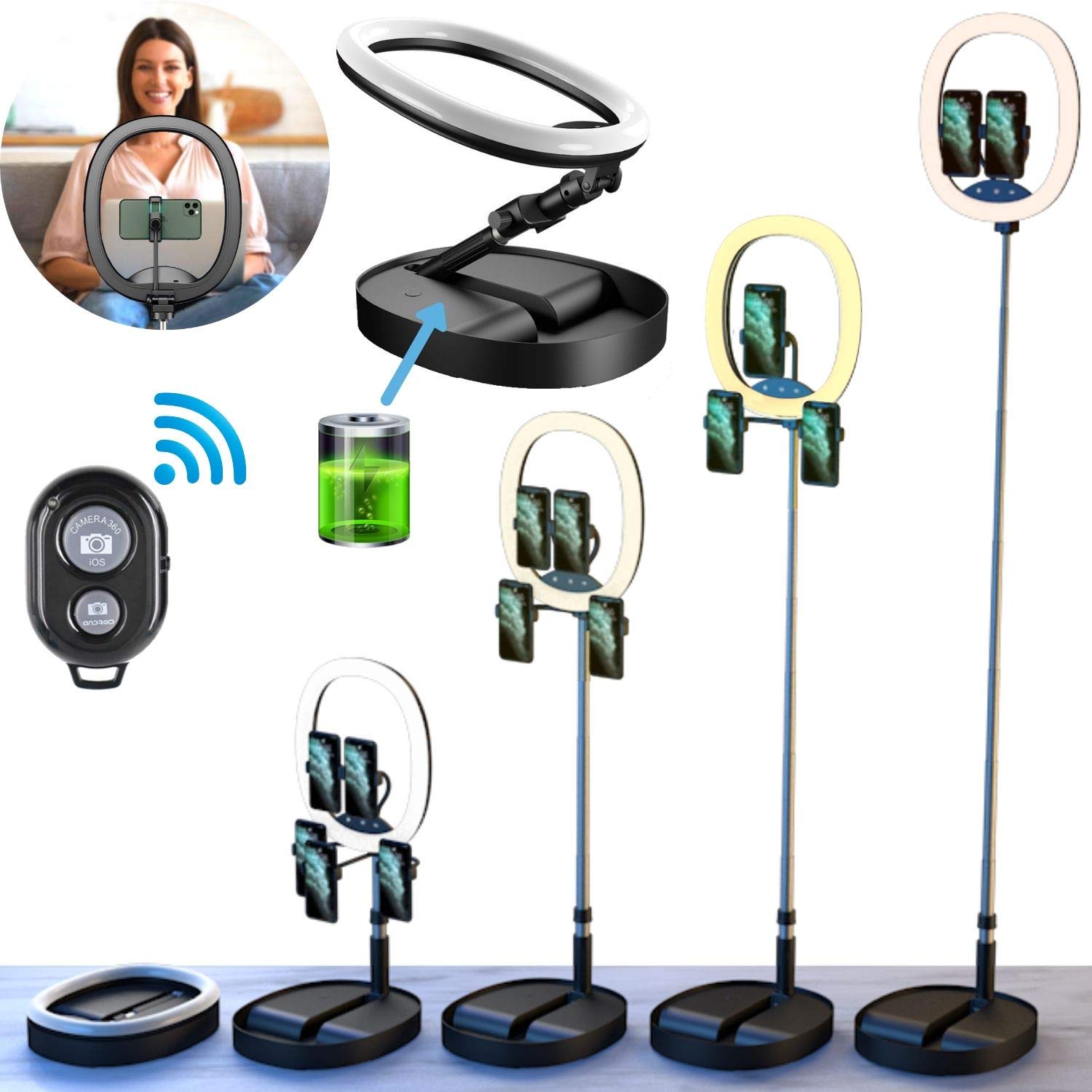 Portable Selfie Round Light LED with Stand and Cell Phone Mobile Holders with Built-in Battery (Tripod-Less) for Livestreaming, Makeup, YouTube, Photography, TIK-Tok & vlogging for iPhone and Android