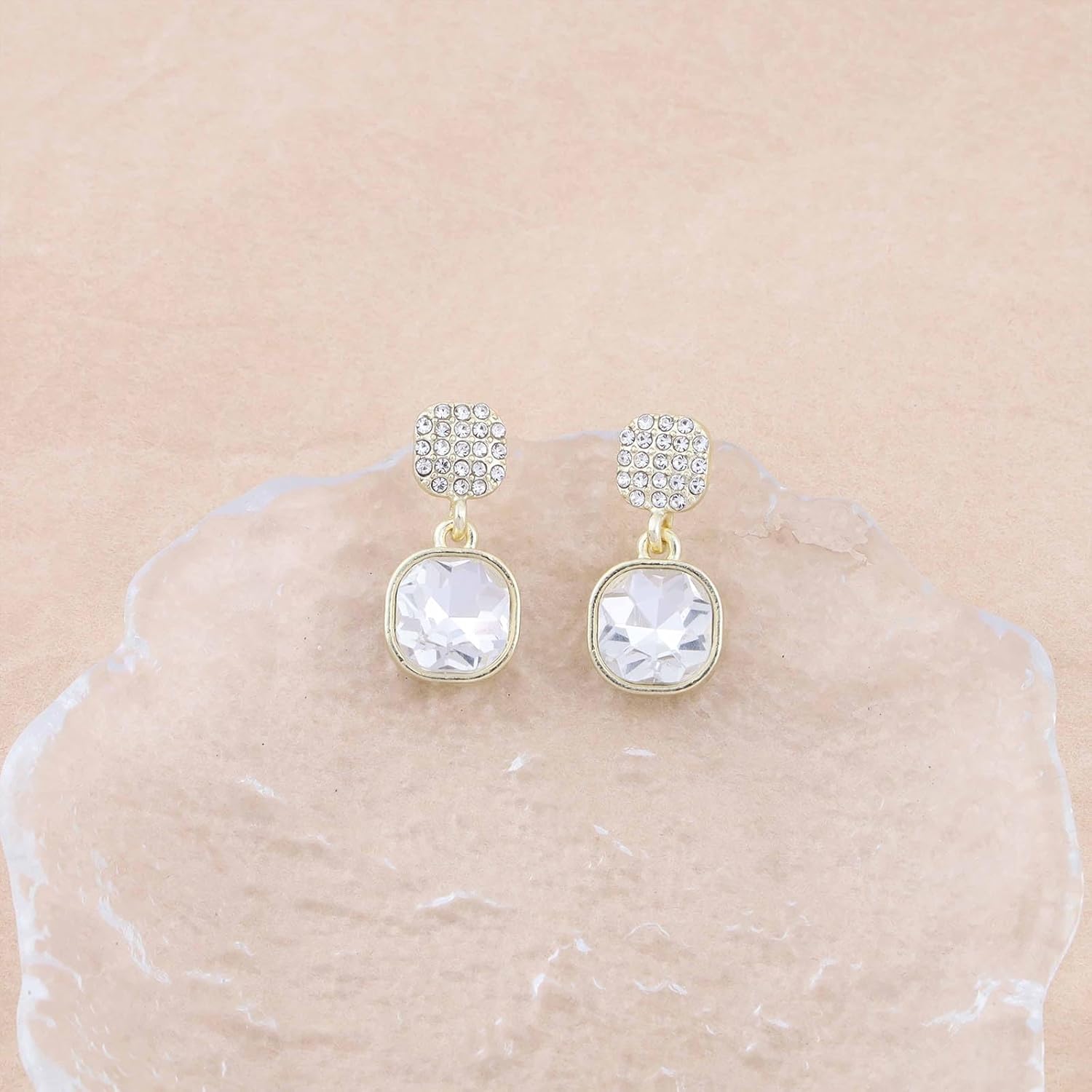 Vintage Crystal Square Dangle Earrings Rhinestone Square Drop Earrings Gold Cz Square Stud Earrings Sparkly Cz Double Square Earrings Jewelry for Women - Image 3