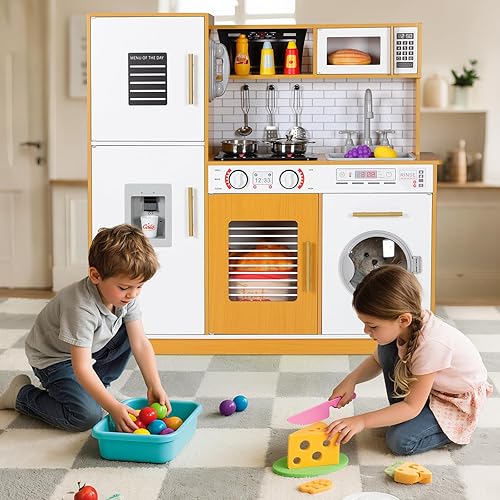 Miniatura 7 de Juego de cocina para niños, juego de juguetes de madera con diseño realista, sonidos de luces, ollas y utensilios para niños y niñas a partir de 3
