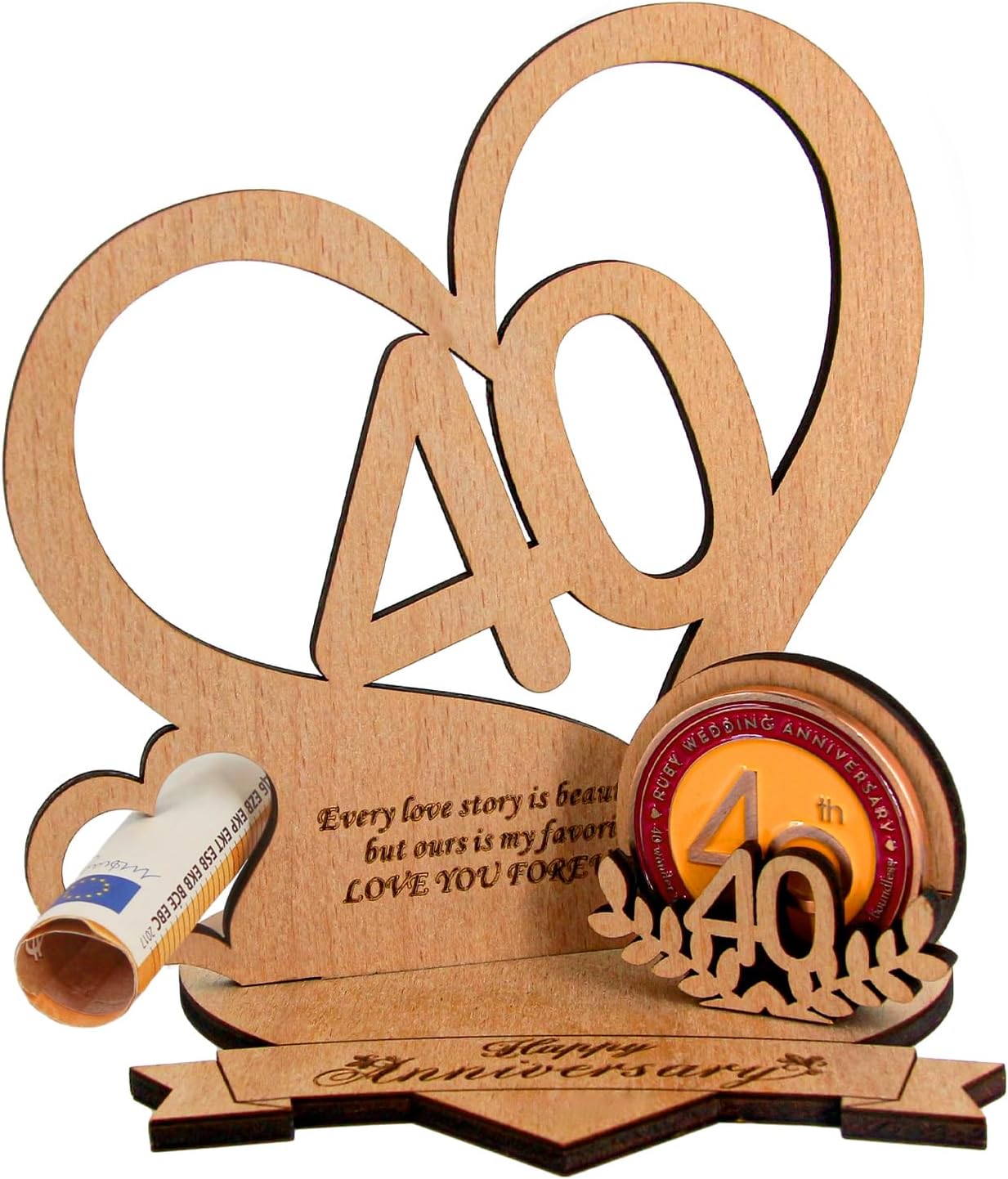 Giftota 40. Hochzeitstag Geschenk, Holz Herz mit Gravur, Geschenke zum 40. Hochzeitstag für