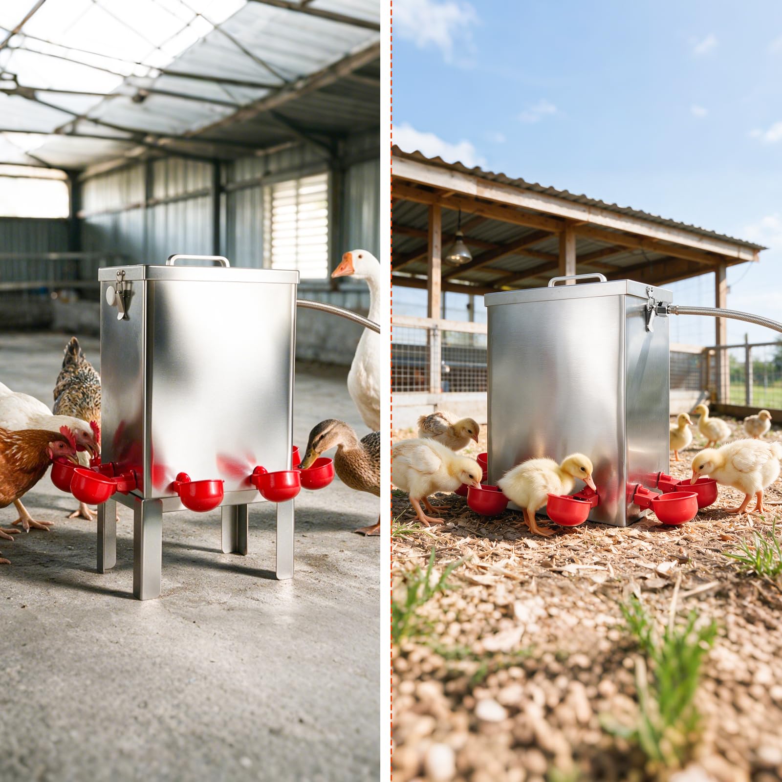 Bebedero AutomáTico para Gallinas de Acero Inoxidable 11 L | Bebedero para Aves con Cuenco de Agua, Soporte de Suelo y Manguera de ConexióN, Ideal para Gallinas, Codornices y Patos