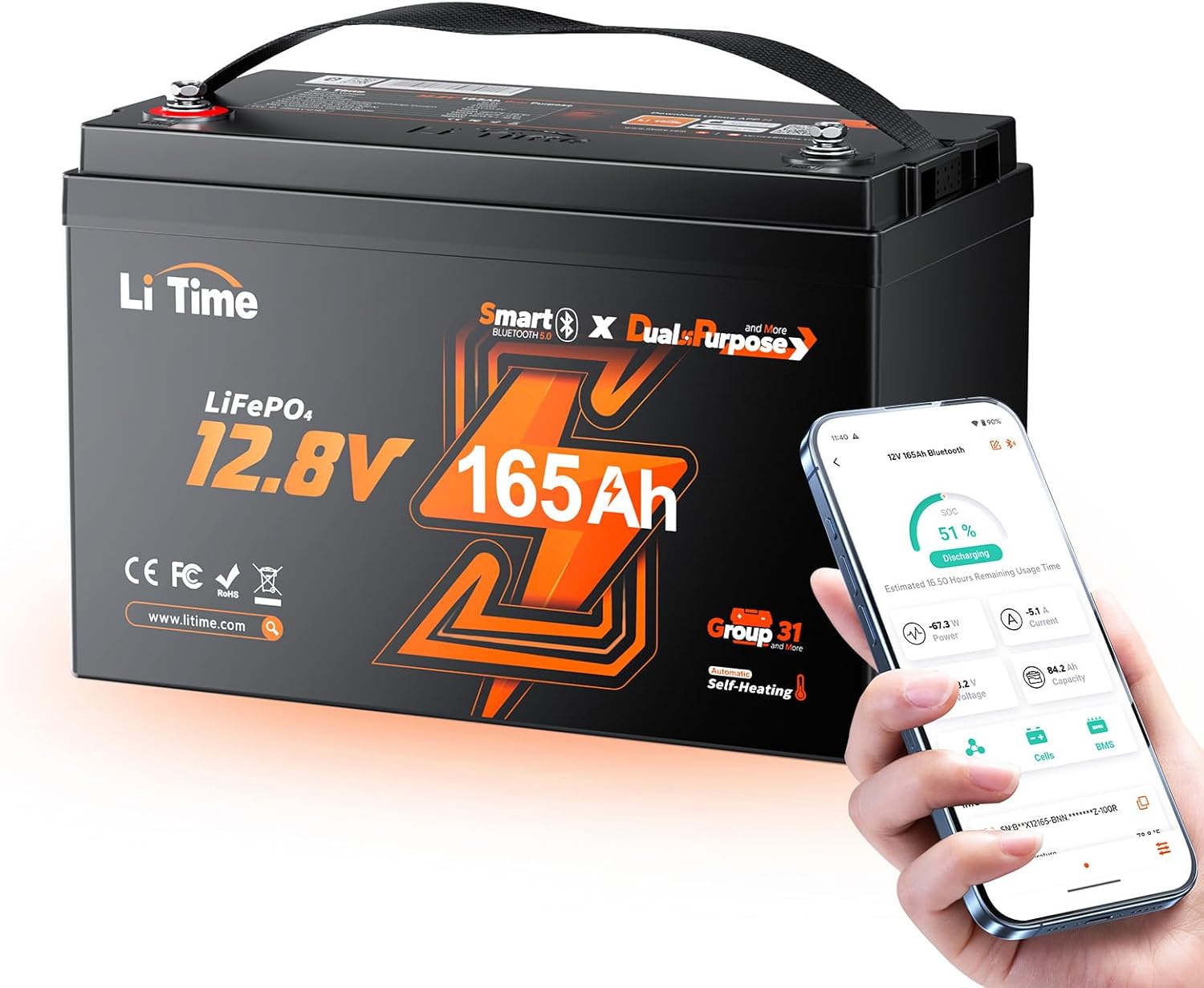 LiTime 12V 165Ah Dual Purpose Lithium Marine Starting & Storage Battery (1200CCA), Group 31 Deep Cycle LiFePO4 Cranking Battery for Boat, Compatible with Yamaha, Mercury, Honda, Suzuki, Evinrude