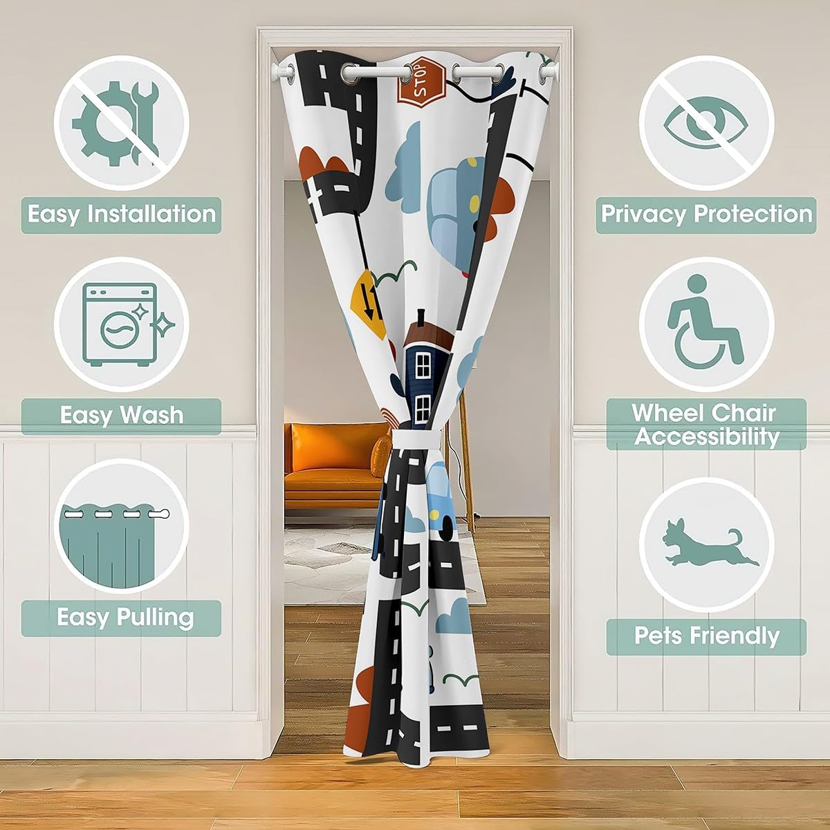 Road Traffic Themed Door Curtain 60" Wx80 L Watercolor Car Vehicle Transport Room Divider Curtain for Kids Teens Cartoon Cute Vehicles City Map Closet Door Cover Curtain for Bedroom Living Room