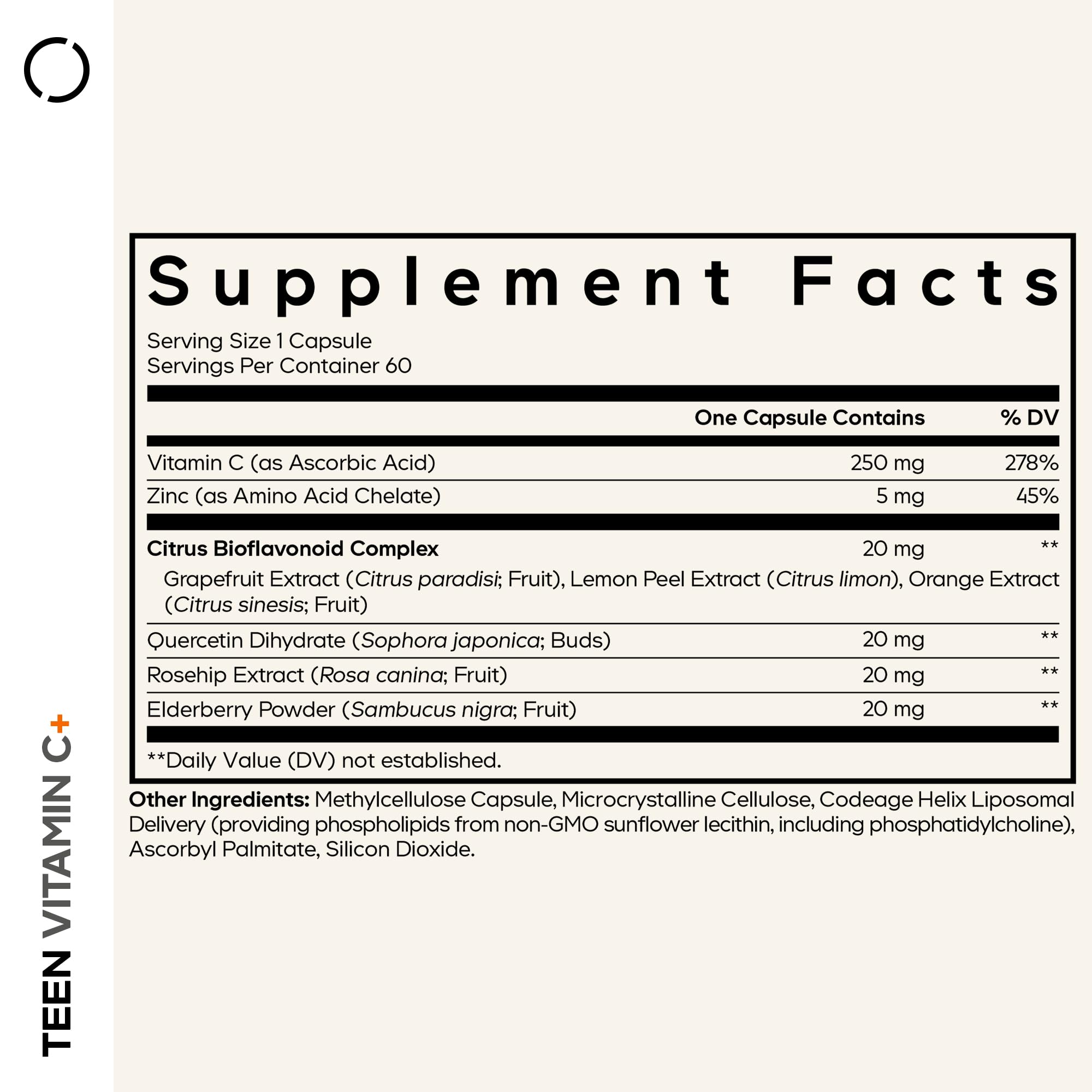Codeage Teen Vitamin C+ Supplement - Liposomal 250mg Vitamin C for Teenagers - Quercetin, Zinc, Elderberry & Rosehip Extracts, Citrus Bioflavonoids - Ages 12-18 - Gluten-Free, Non-GMO - 60 Capsules — Amazon image 2