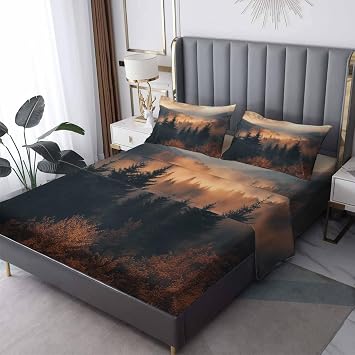 Misty Forest Sheets Twin XL Size, Mountain Scenery Sheet Set, Nature Landscape Bed Sheets - 16 Inch Deep Pocket, Ultra Soft Winkle Free Microfiber Bedding Sheets & Pillowcases 3 Piece