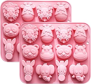 Safari Animal Silicone Molds for Chocolate Candy Set of 2 | 12 Cavity per Mold, 7.28 x 6.22 in Size, Easy to Clean, Reusable Silicone, Lion Panda Elephant
