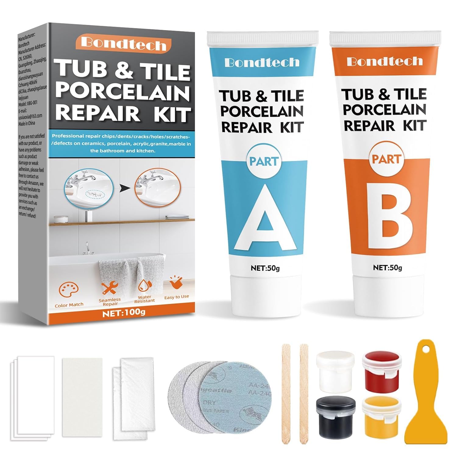 Bondtech Tile Repair Kit, White Shower Tray Repair Kit, Bath Enamel Repair Kit for Chips, Dents, Cracks, Holes on Porcelain, Ceramic (100.02, Grams)