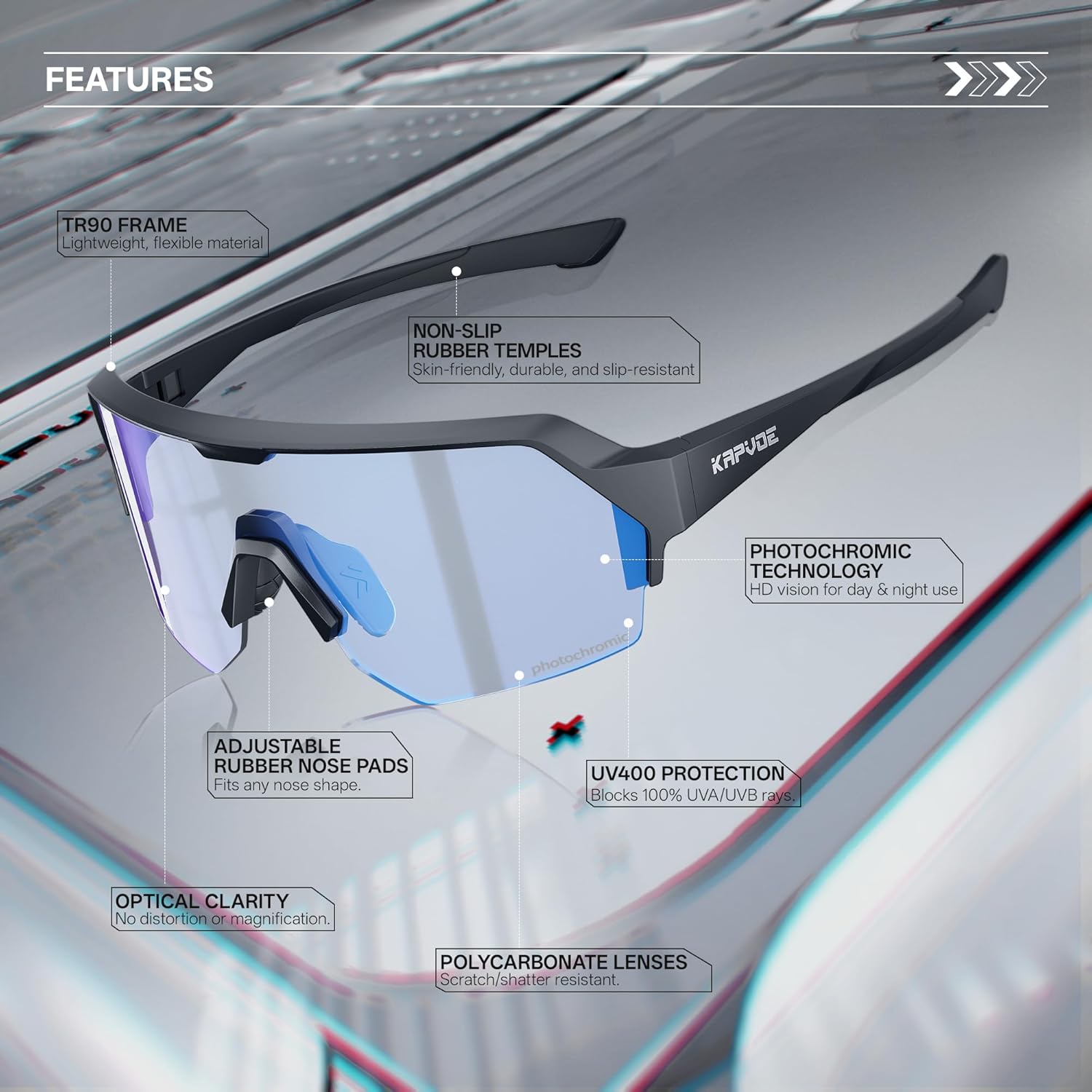 KAPVOE Photochromic Cycling Glasses for Men Women with UV400 Protection Sports Sunglasses for Biking Running MTB K360 - Image 3