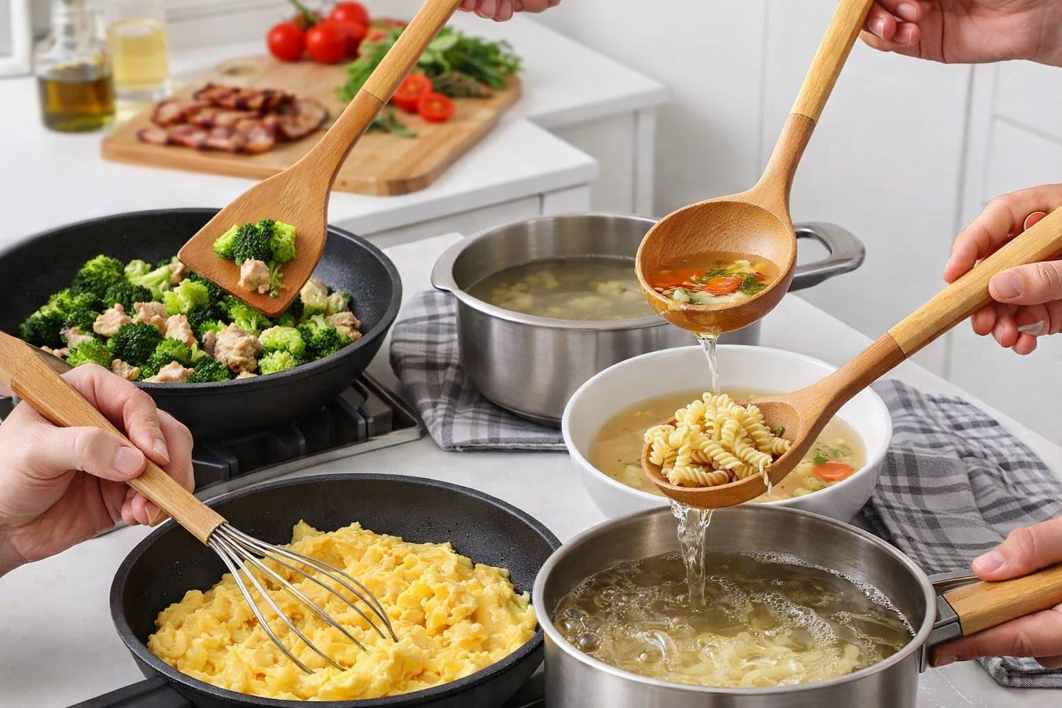 Silikon Mutfak Pişirme Gereçleri Seti, 5 Parça Yapışmaz Mutfak Gereçleri Seti Ahşap Saplı Spatula Seti Isıya Dayanıklı Silikon Tencere Mutfak Gereçleri (Açık Kahverengi)