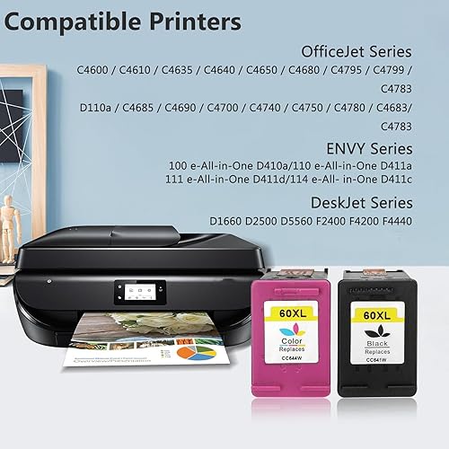 Miniatura 2 de Paquete combinado de cartuchos de tinta 60XL para impresora HP 60 XL Photosmart D110 C4680, Deskjet D2680 F2430 F4210, 1 negro, 1 tricolor, larga