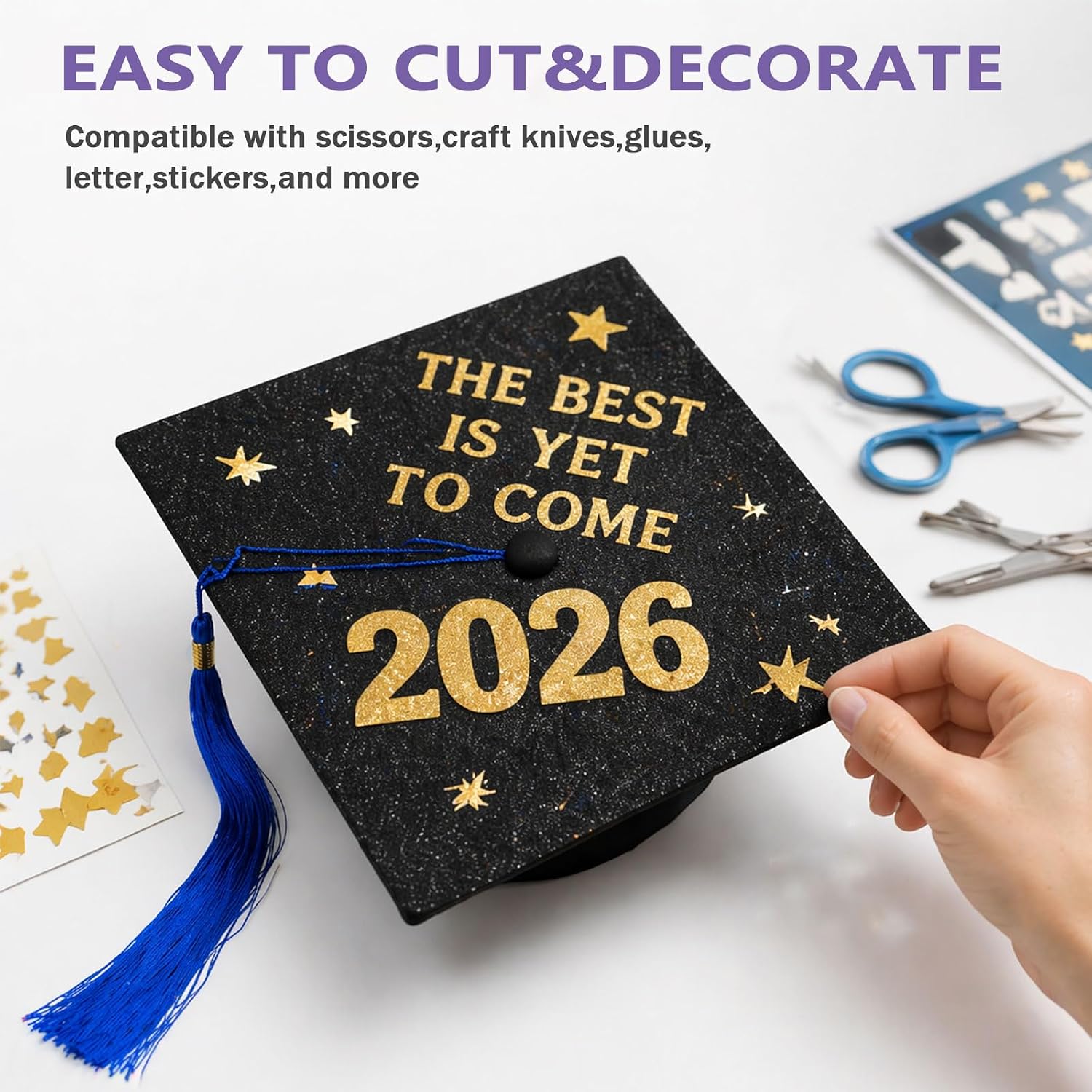 Black Glitter Construction Paper for Graduation Cap Decorations DIY,6 Sheets 250GSM Glitter Sparkle Cardstock Graduation Cap Cover, Grad Topper Cover Decor 2026, Shinny Grad Party Crafts