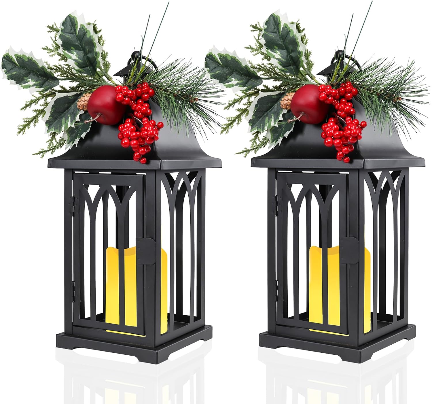 Bdor Christmas Lanterns Set of 2 – 15" Tall Black Decorative Candle Lantern with Holly, Berries, and LED Flameless Candle – Holiday Table or Hanging Decor for Indoor Use