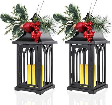 Bdor Christmas Lanterns Set of 2 15" Tall Black Decorative Candle Lantern with Holly, Berries, and LED Flameless Candle Holiday Table or Hanging Decor for Indoor Use