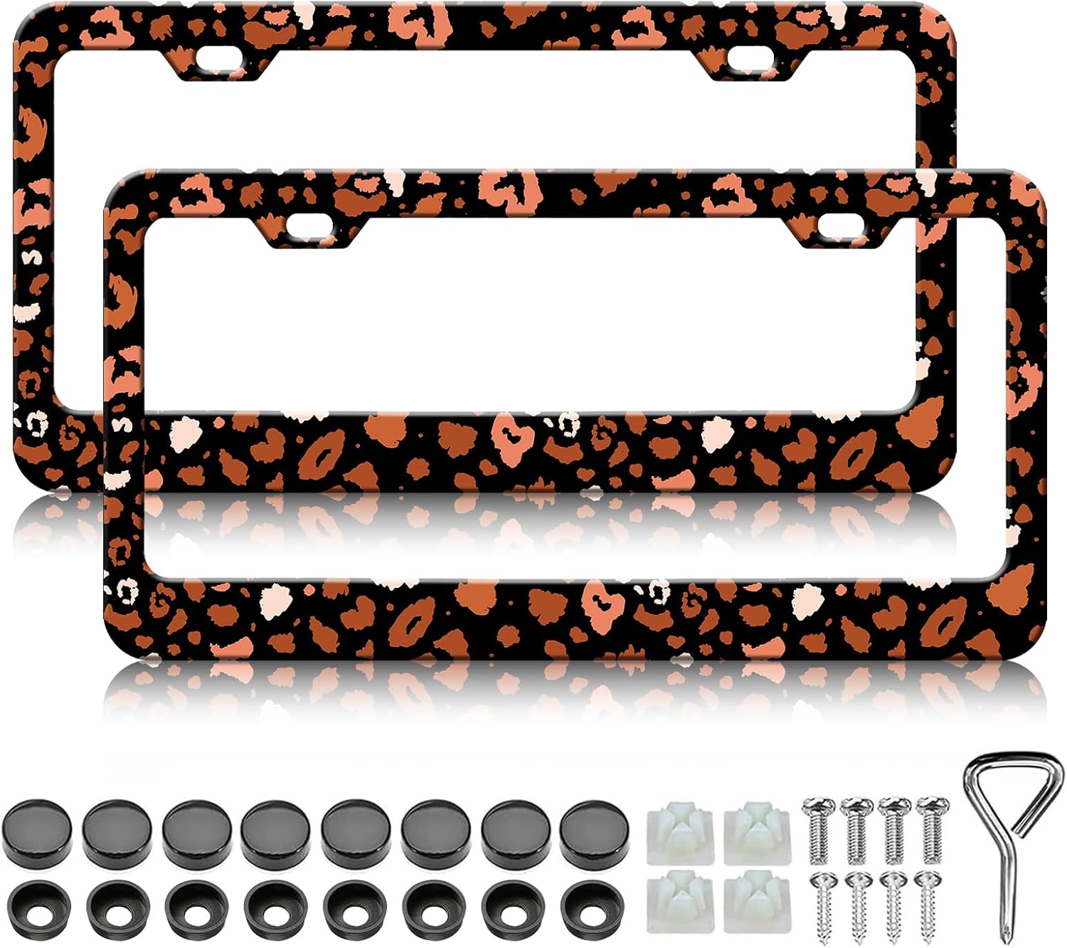 Leopard Print License Plate Frame - 2PCS Brownish Red Leopard Print Funny Aluminium Metal License Plate Holder, Rust-Proof Waterproof Car Decorative Tag Frames