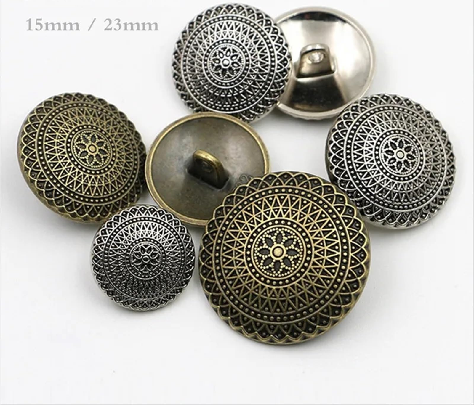 Metallknöpfe, Vintage-Stil, 50 Stück, 15 mm, 23 mm, Antik-Silber, Kupfer, Nähen