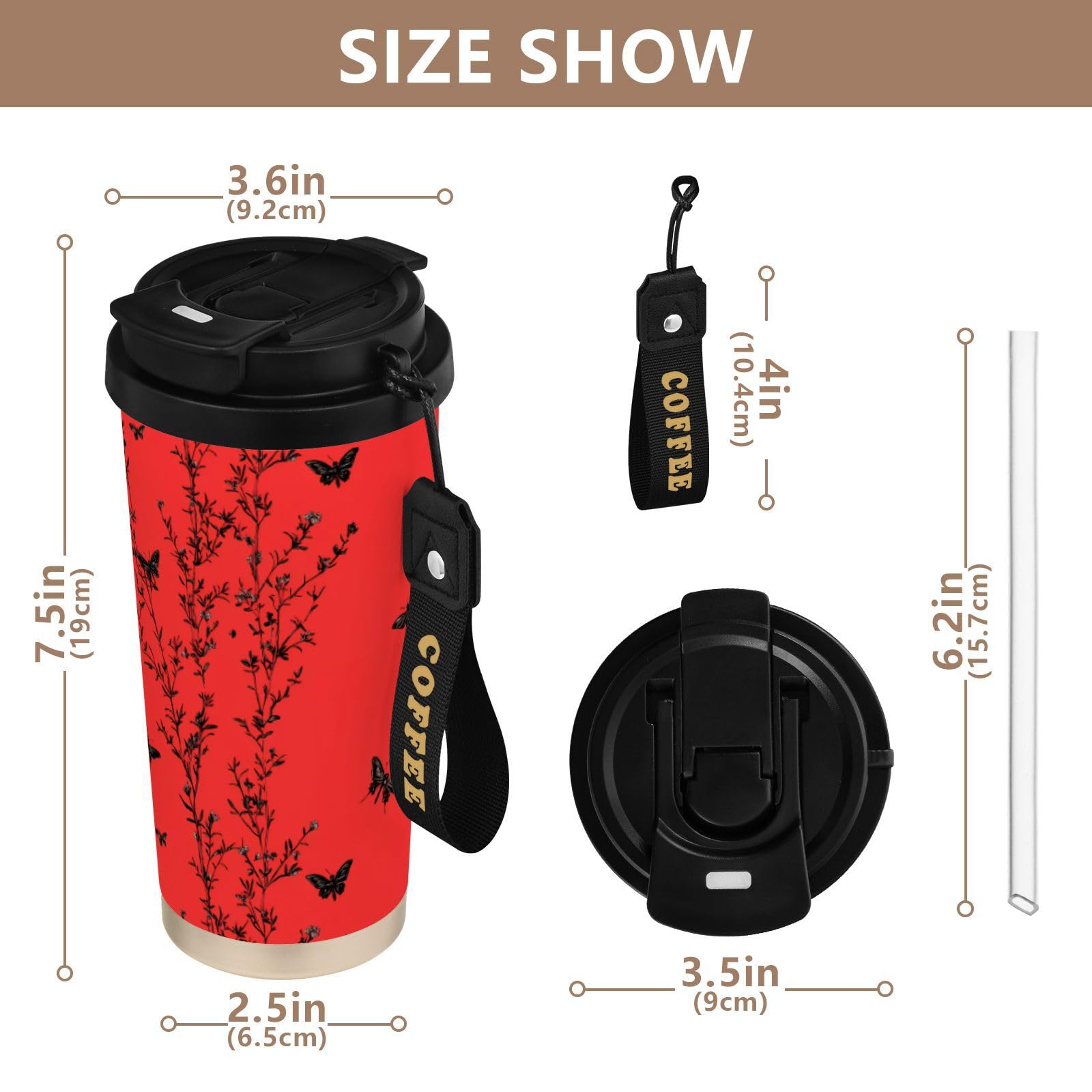 linqin Taza de café de viaje con diseño de mariposas negras y plantas, taza térmica de acero inoxidable para frío y calor, 481.9 g, a prueba de fugas