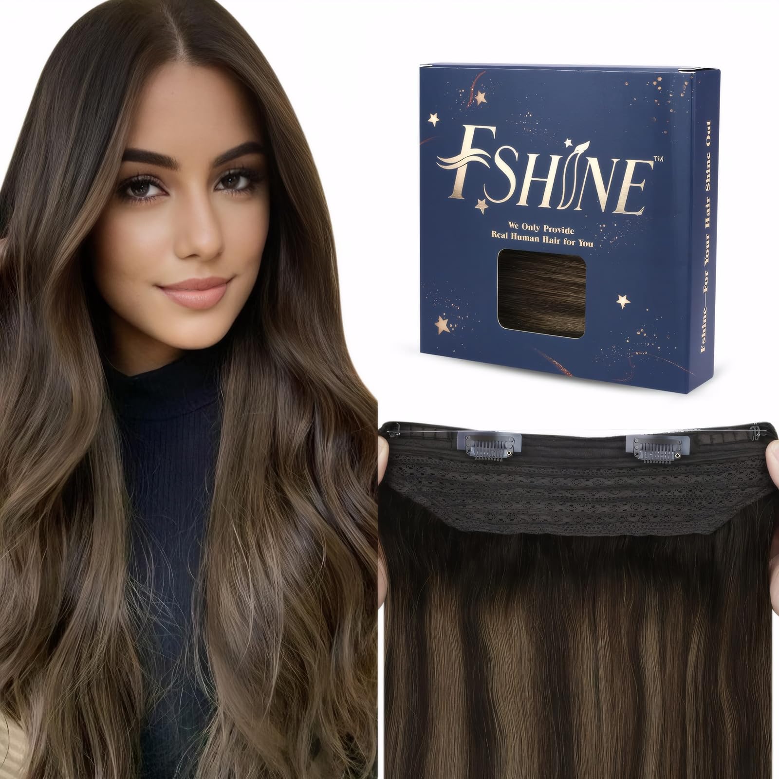 Fshine Extension Filo Invisibile Capelli Veri 40CM 80g Extension Capelli Veri Balayage Colore 2 Castano Scuro e 6 Castano Medio con 2 Marrone Scuro Brasiliani Lisci Extension Wire Hair Extensions