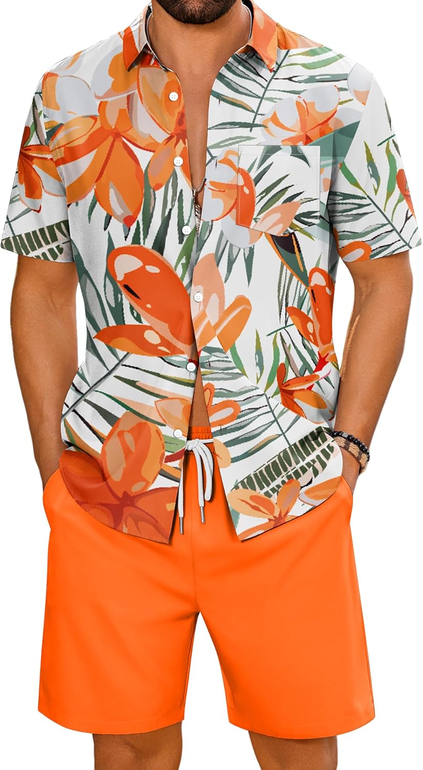 LecGee Men’s 2 Piece Hawaiian Short Set Floral Button Down Shirt and Beach Shorts Summer Vacation Outfits for Men