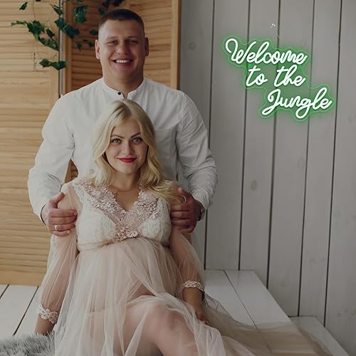 Miniatura 3 de FAXFSIGN Letrero de neón de bienvenida a la selva con texto en inglés Welcome to the Jungle - Letrero de luz LED verde para decoración de pared