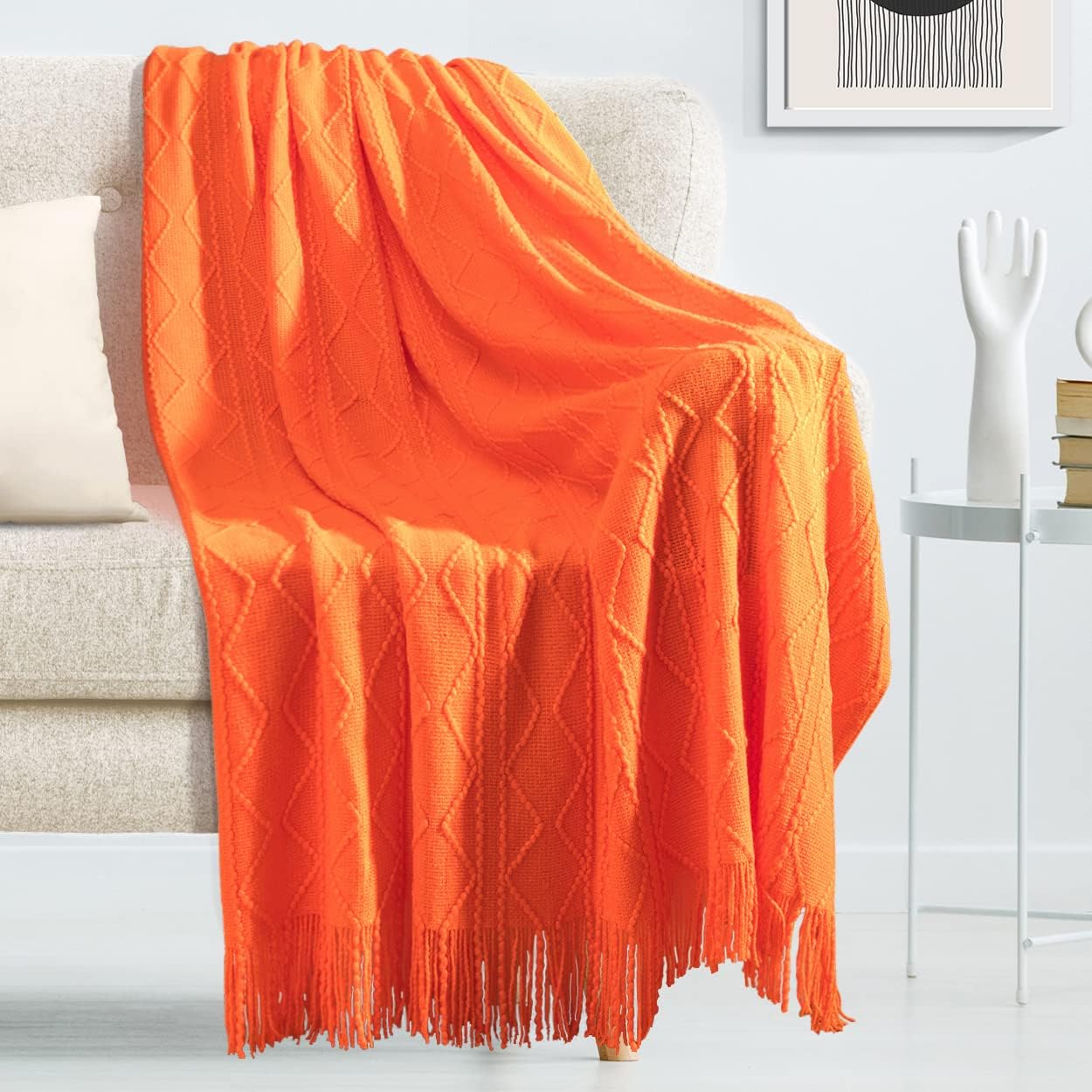 Lucian Knitted Throw Blankets Orange, Decorative Textured Cozy Throw, Lightweight Woven Blanket with Tassels for Couch, Bed, Sofa,Travel 50"*60",Suitable for Women Men and Kids