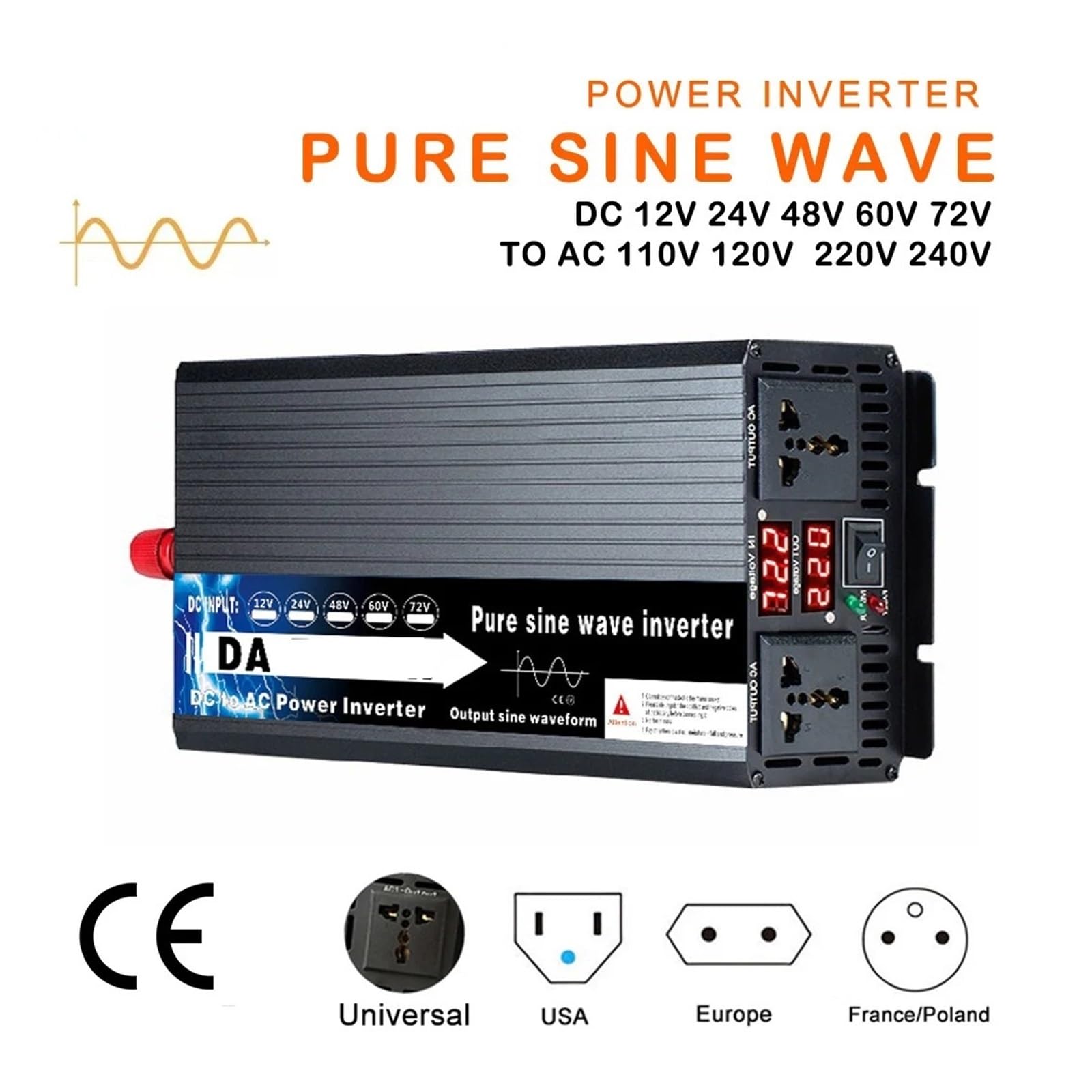 Inversores Solares Coche 5000 W con Doble Pantalla Digital Onda Sinusoidal Pura 12 V CC 24 V 48 V 60 V 72 V CA A 110 V 220 V CA(12V,220V-230V(50HZ),Europe)