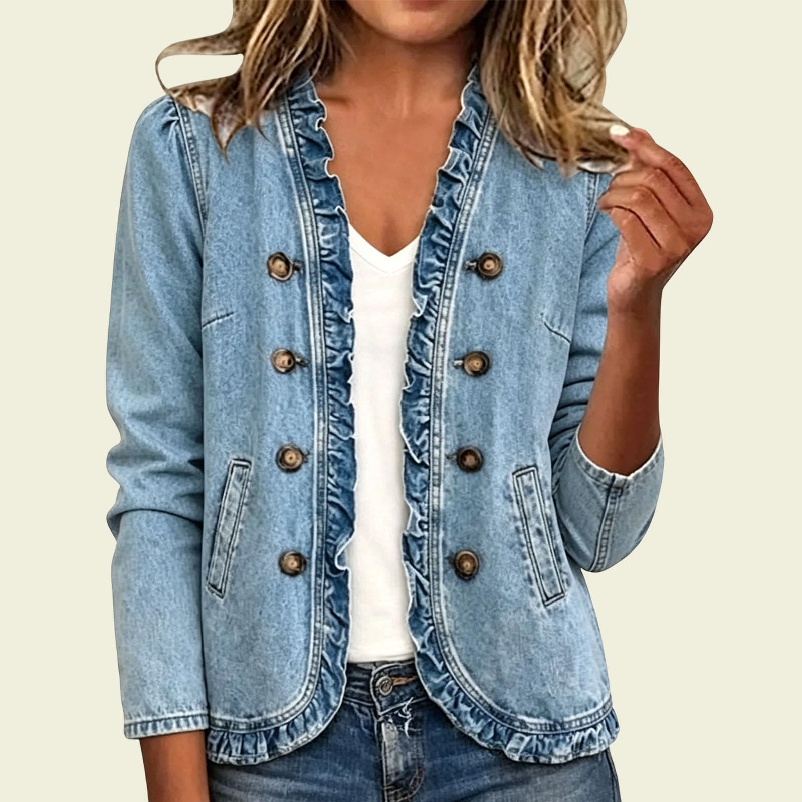 Veste en Jean pour Femme Volants à L’Ourlet Veste Mi‑Saison Élégante