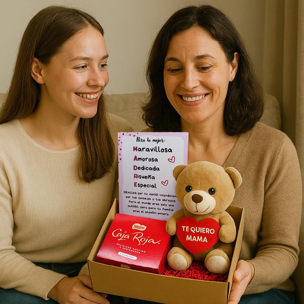 Peluchilandia Regalo Madre Divertido y Original | Cajita con Peluche Personalizado Te Quiero Mama con Bombones y Tarjeta | Regalos Mujer para el Dia de la Madre (Marrón)