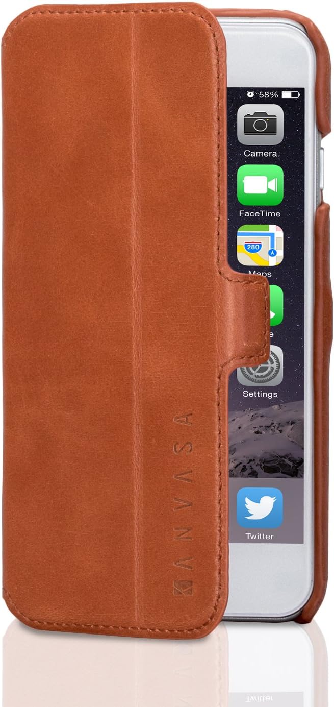 KANVASA iPhone 6 / 6s Leather Case Flip Cover Brown Slim Book Case for iPhone 6 / 6s (4.7 inch) - Made from Real Genuine Leather - Optimal Protection & Premium Leather - Ultra Thin