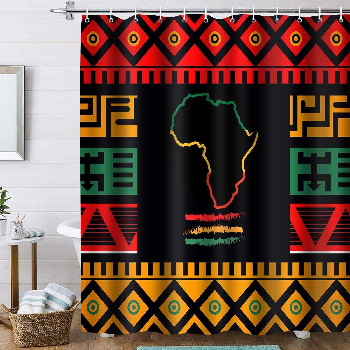 African Shower Curtain, Map of Africa Black History Month Bathroom Shower Curtains, African Boho Ethnic Style Bathroom Curtains Decor Set with 12 Hooks 72x72inch YLOKTP0398