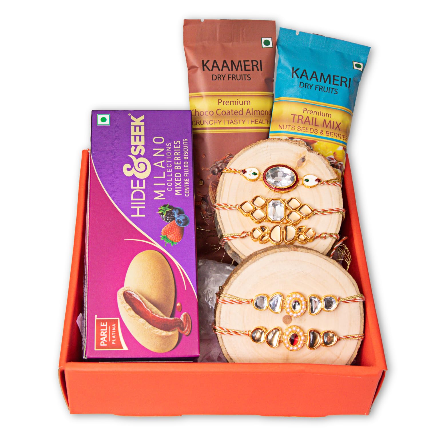 Kaameri Bazaar Rakhshabandhan Chocolate Biscuit Hamper Rakhi Gift for Brother - Rakhi with Dry Fruits and Chocolate Combo Greeting Card, Roli Chawal Pack - Gold Crystal Set of 5-image-31