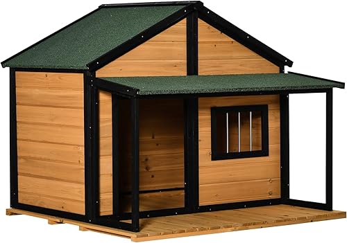 Miniatura 1 de PawHut - Cabina para perros al aire libre estilo de cabina de madera elevada para mascotas con techo de asfalto puerta delantera ventana lateral