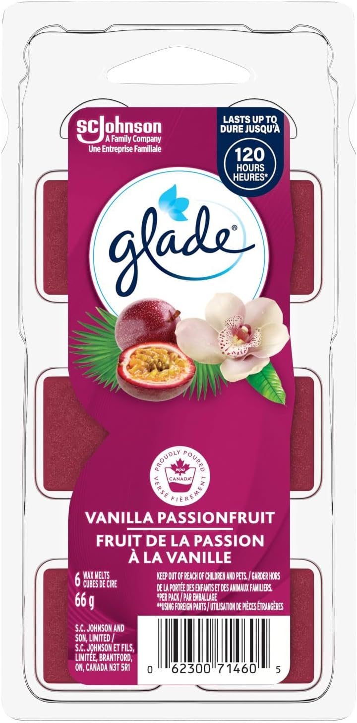 Glade Wax Melts Air Freshener and Odor Eliminator, Scented Essential Oils for Home and Bathroom, Vanilla Passionfruit, 6 Count