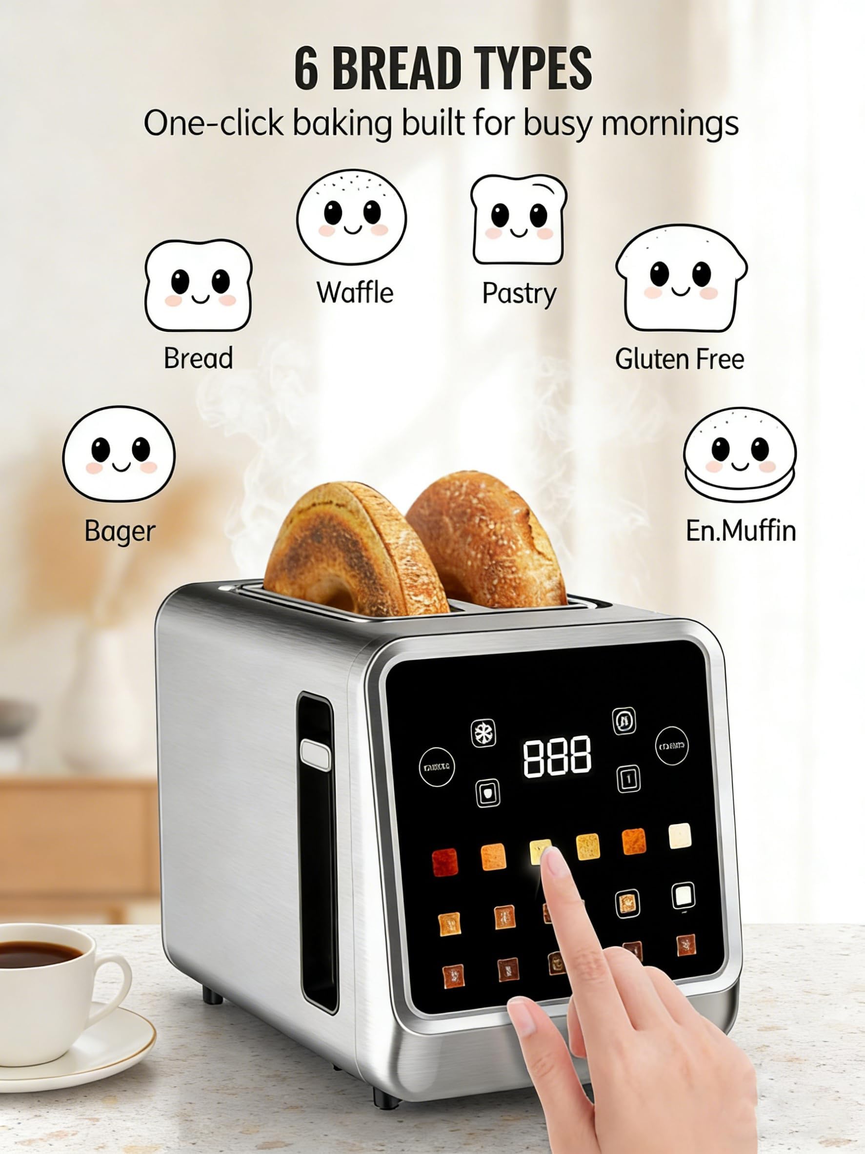 Touch Screen Toaster 2 Slice with LCD Display Digital Timer Toasters 6 Bread Types & 6 Shade Settings Extra Wide Slots Tostadora With Bagel Cancel, Defrost Functions