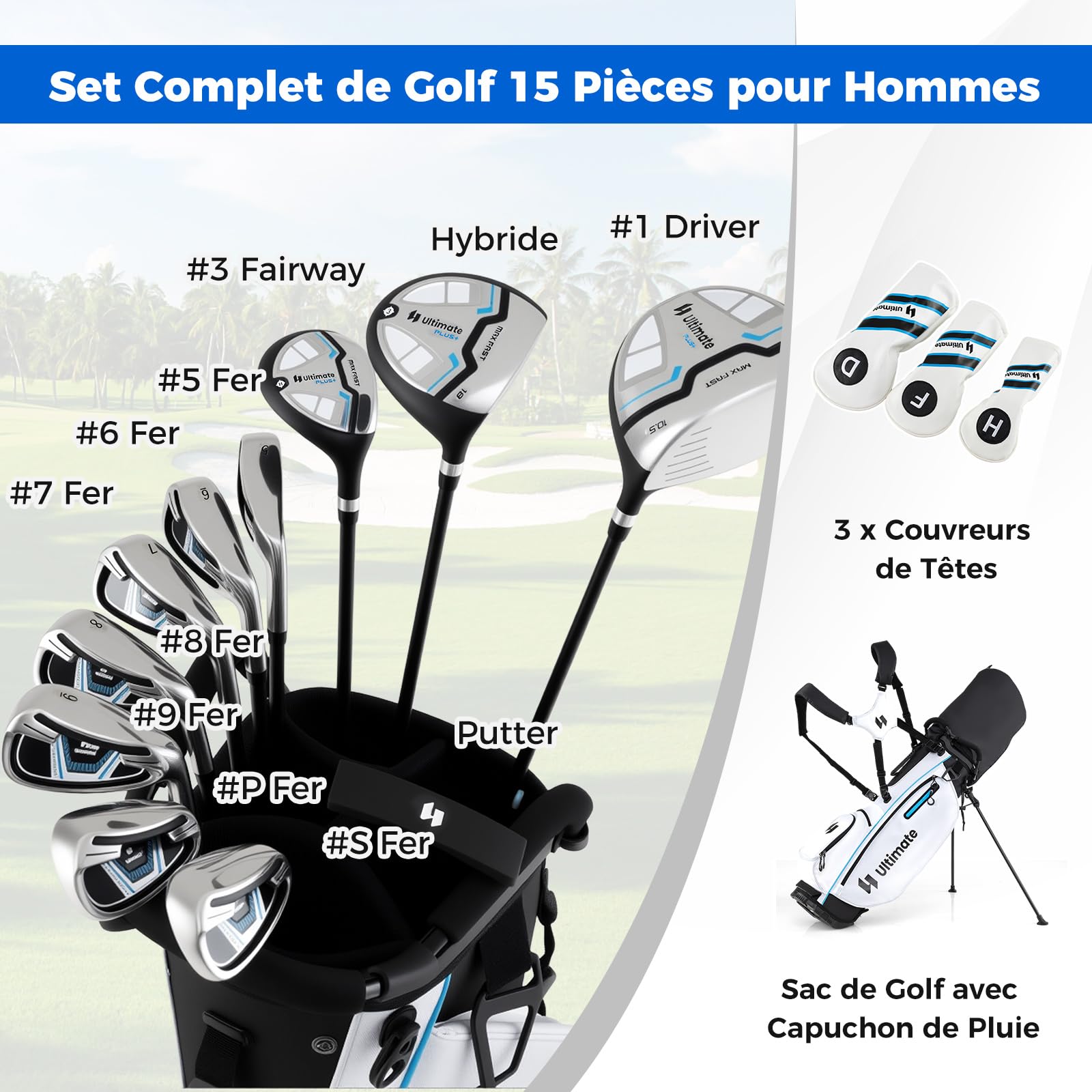 COSTWAY Ensemble Club de Golf Portable, Sac Trépied avec Driver 460CC #1, Bois #3 Hybride Fers #5#6#7#8#9#P #S Putter, Couvre-Chefs pour Droitier