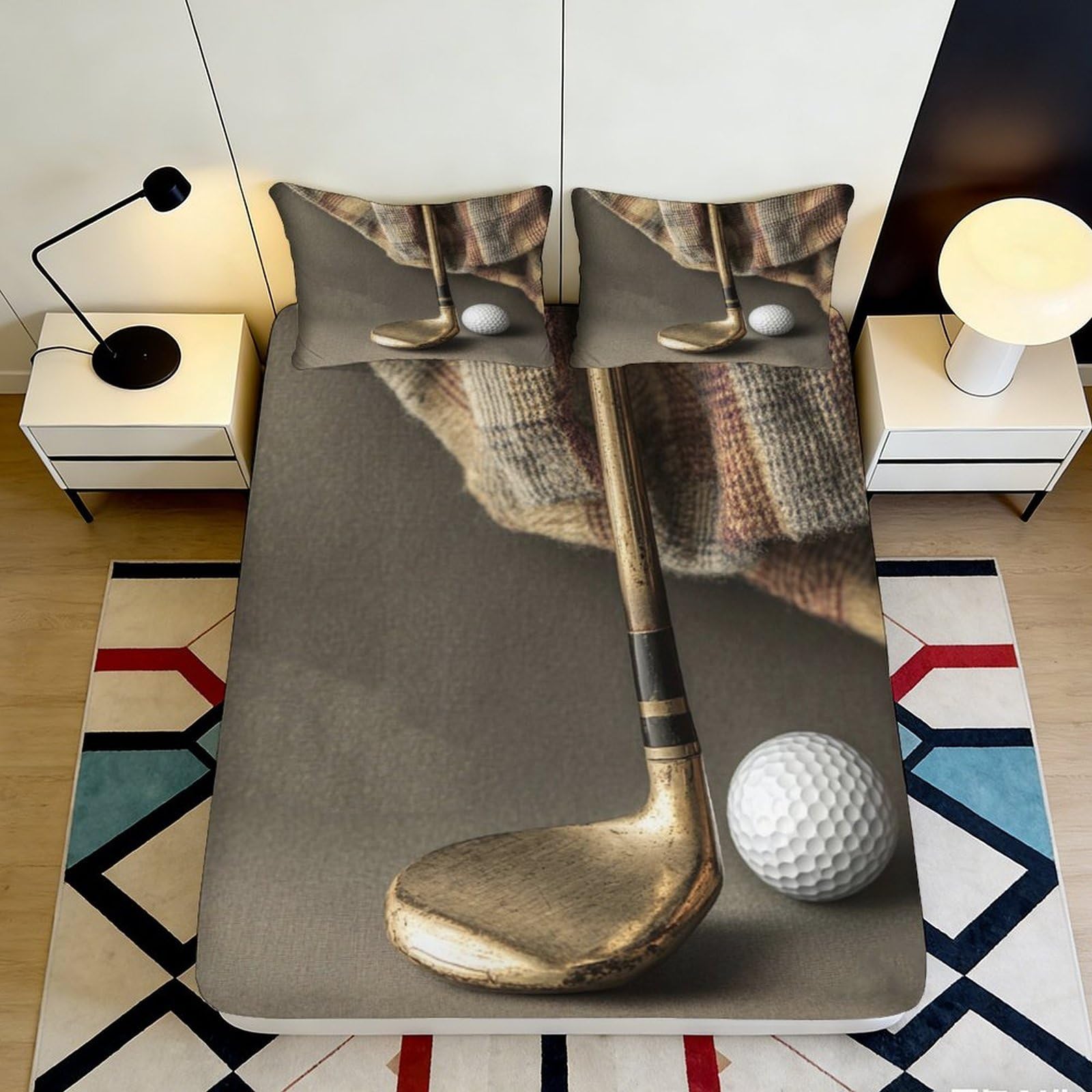 3D Printed Vintage Golf Club Fitted Sheet Microfiber Anti-Slip Sports Ball Mattress Cover for Bedroom Guestroom 140x200x25cm