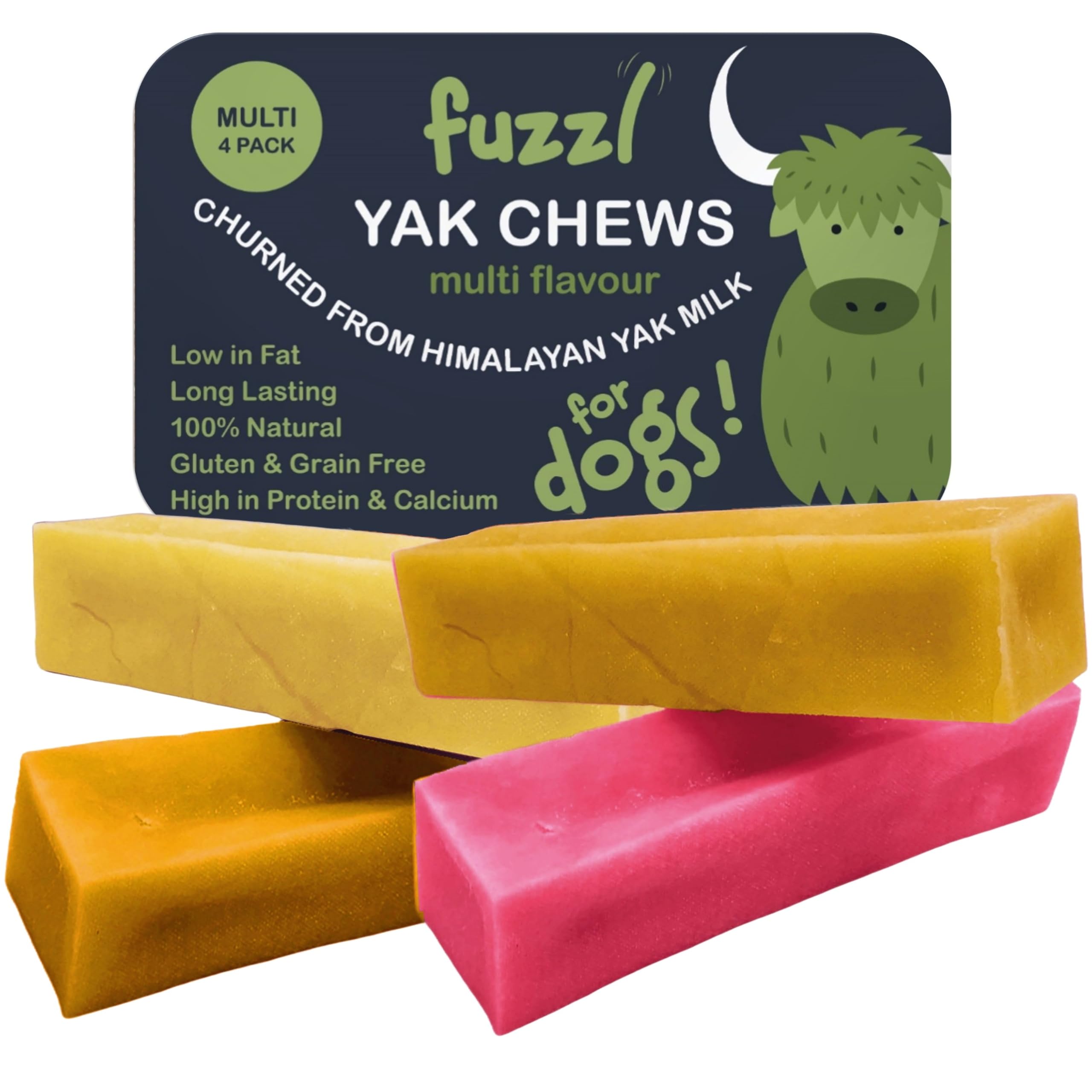 Fuzzl 4 Flavours Premium Yak Chews for Dogs 4x70g Original, Superfood Turmeric, Strawberry, Coconut Natural Dog Treats with Himalayan Yak Milk Yak Chew Dog Food Natural Dog Chews Long Lasting