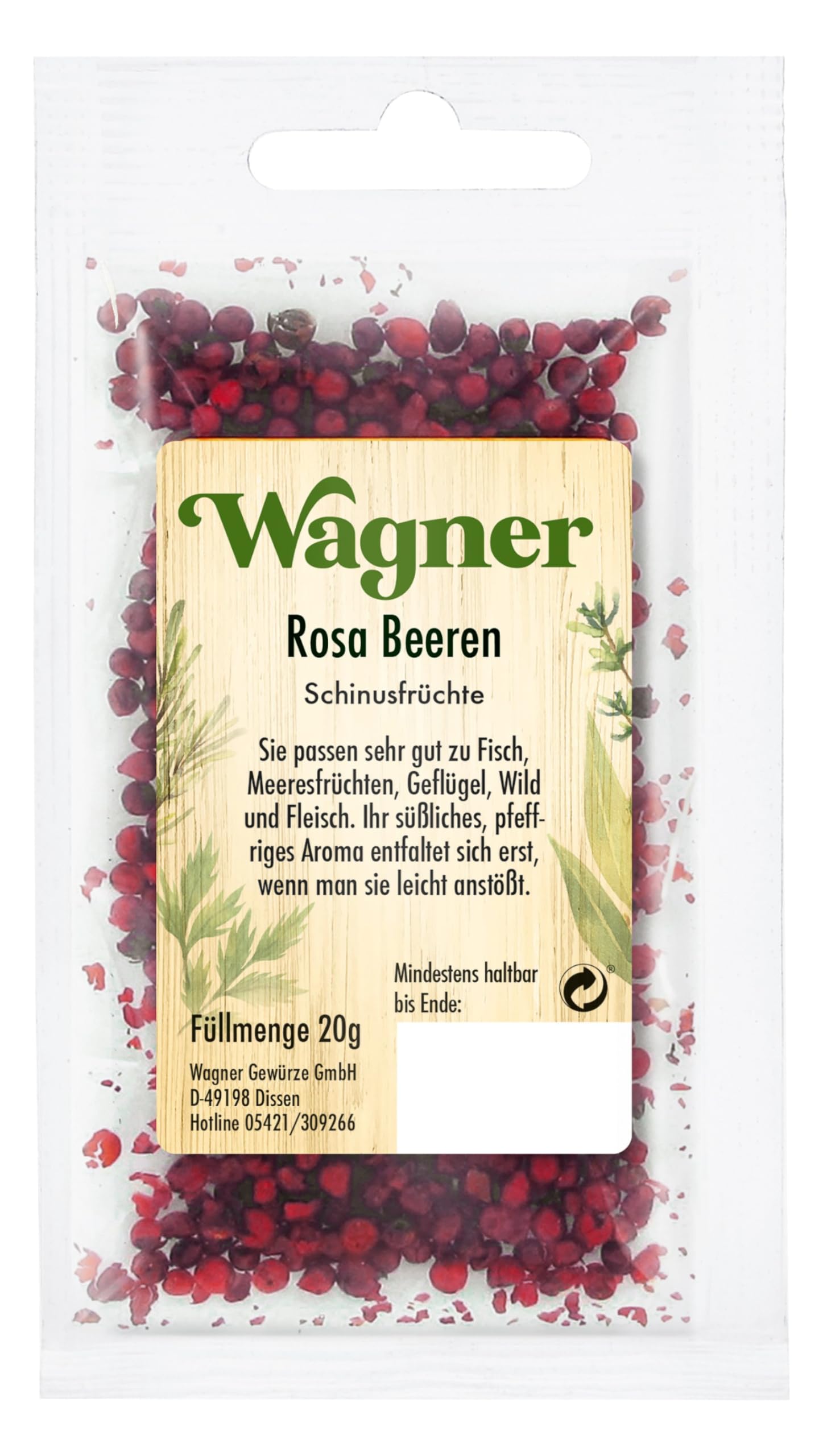 Wagner Gewürze - Rosa Beeren, Schinusfrüchte | Pfeffriges Aroma für Fisch, Geflügel und Wild | 20 g im Beutel