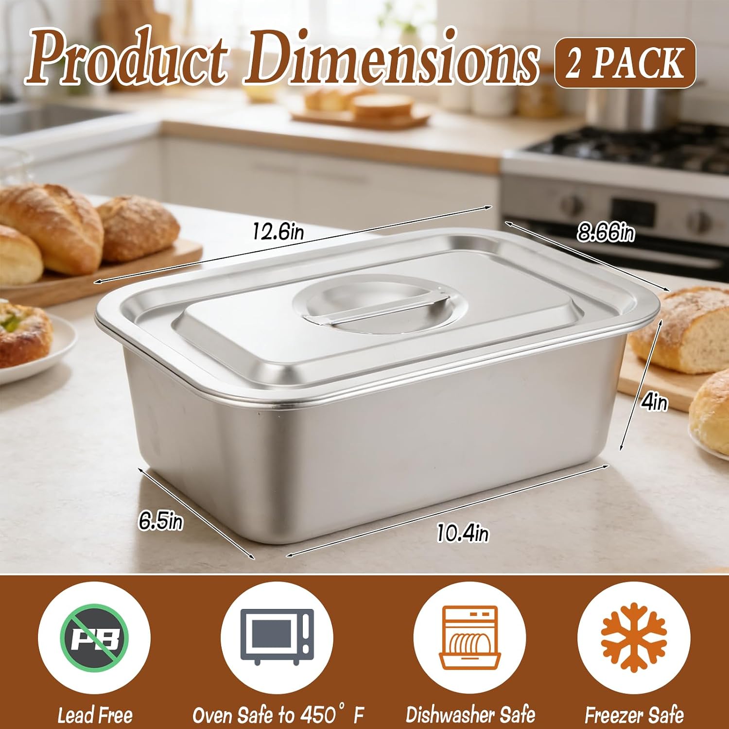 2 PACK 4 Inch Extra Deep Lasagna Baking Pan with Lid, 304 Stainless Steel Large Baking Dish Tray for Oven, 6.5x10.4 Inch Thick Metal Roasting Pan for Casserole Brownie Turkey (Silver, M)