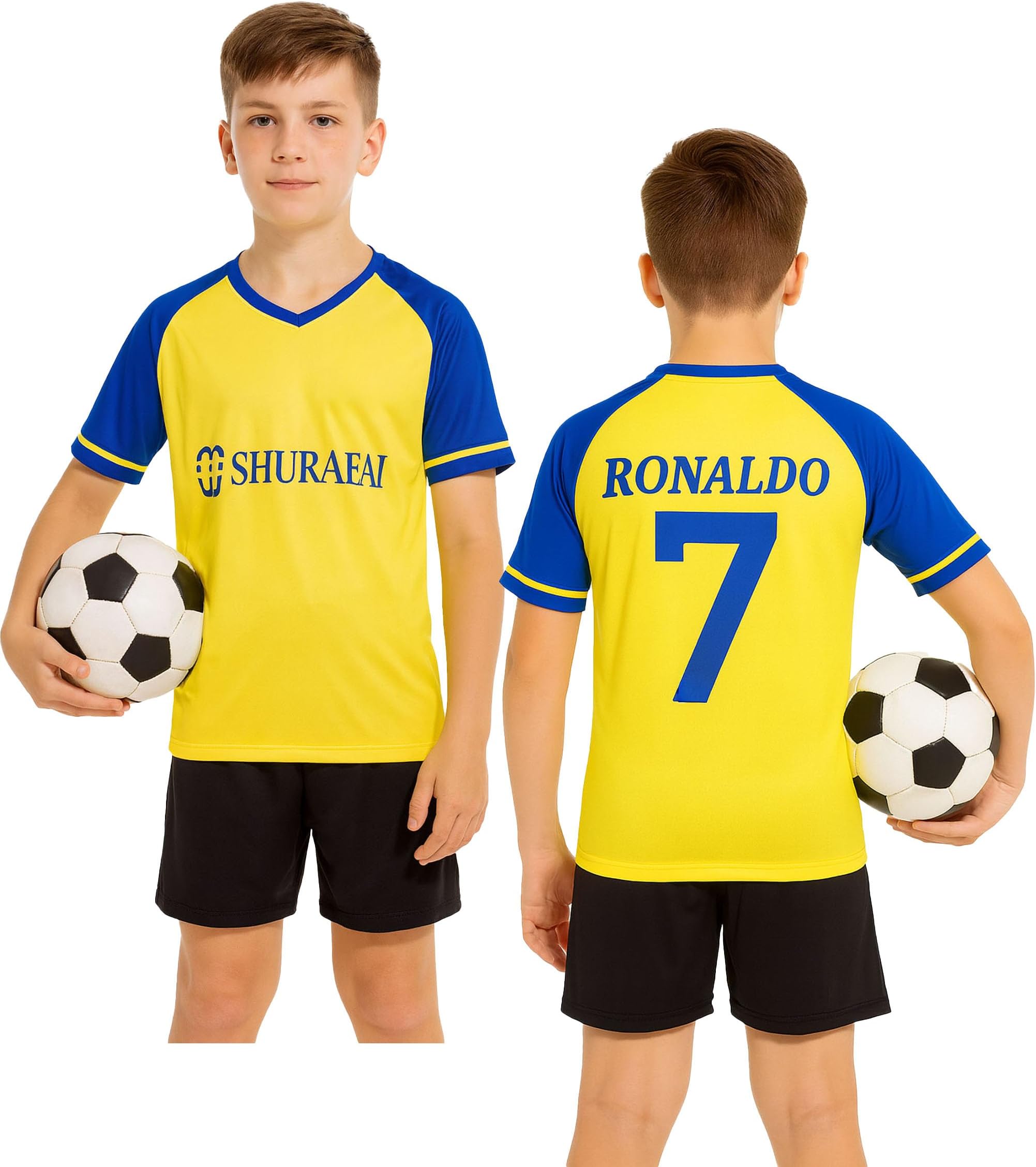 Soccer AL NSR Ronaldo 7 Football Jersey Home Kit with Shorts | Mens Boys Kids Soccer Kit | Full Sleeve Training & Match Wear Top(Kid's,Boy's & Men)