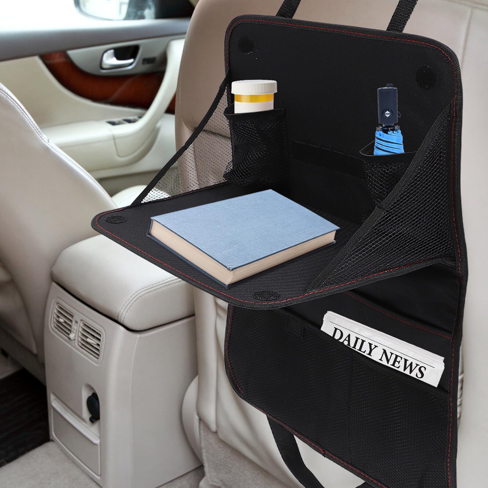 Protector Asiento Trasero Coche con Mesa Organizador Bolsa Almacenamiento Resistente Oxford Negro para Viaje y Comida