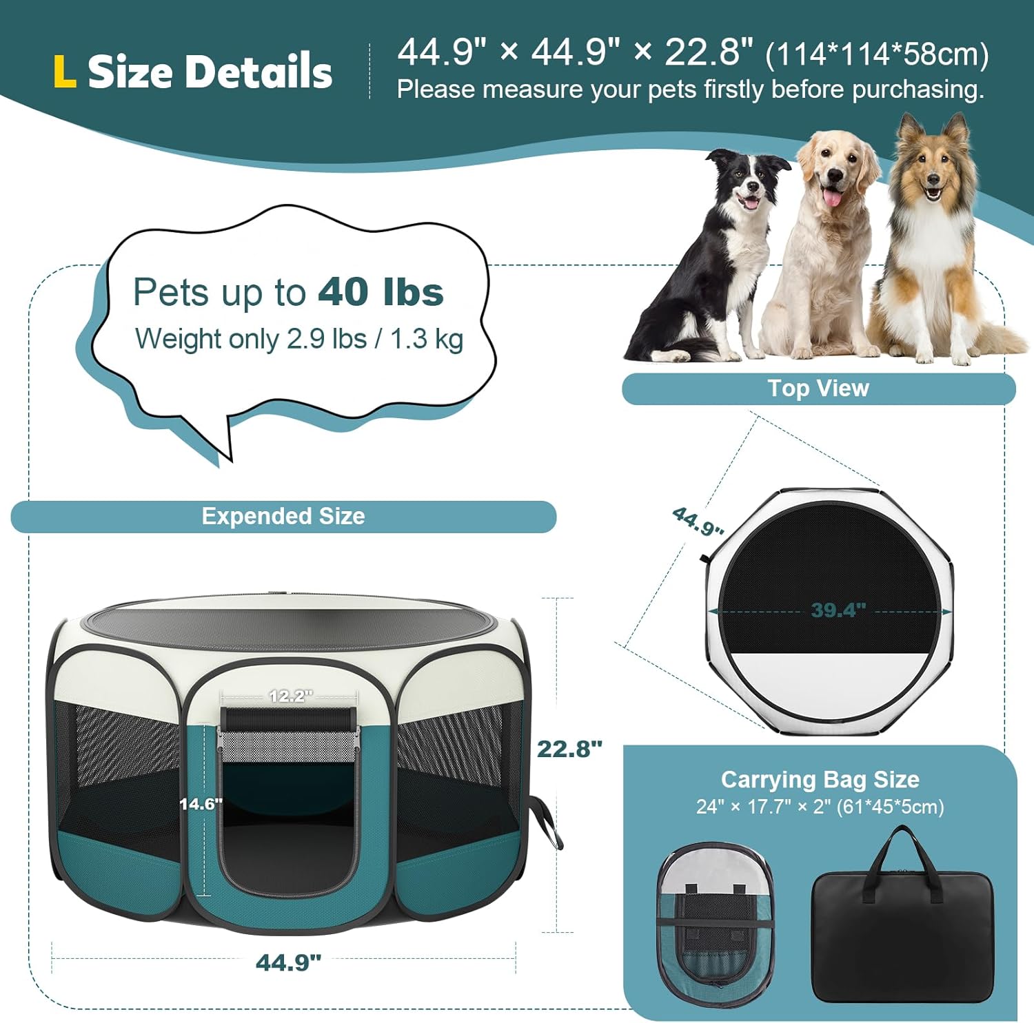 Portable Pet Playpen for Cat Dog - Foldable Large Pet Play Pen with Removable Zipper Top for Cat Small Dog Enclosed - Pop Up Puppy Kitten Kennel with Carrying Case for Indoor Outdoor Travel Camping