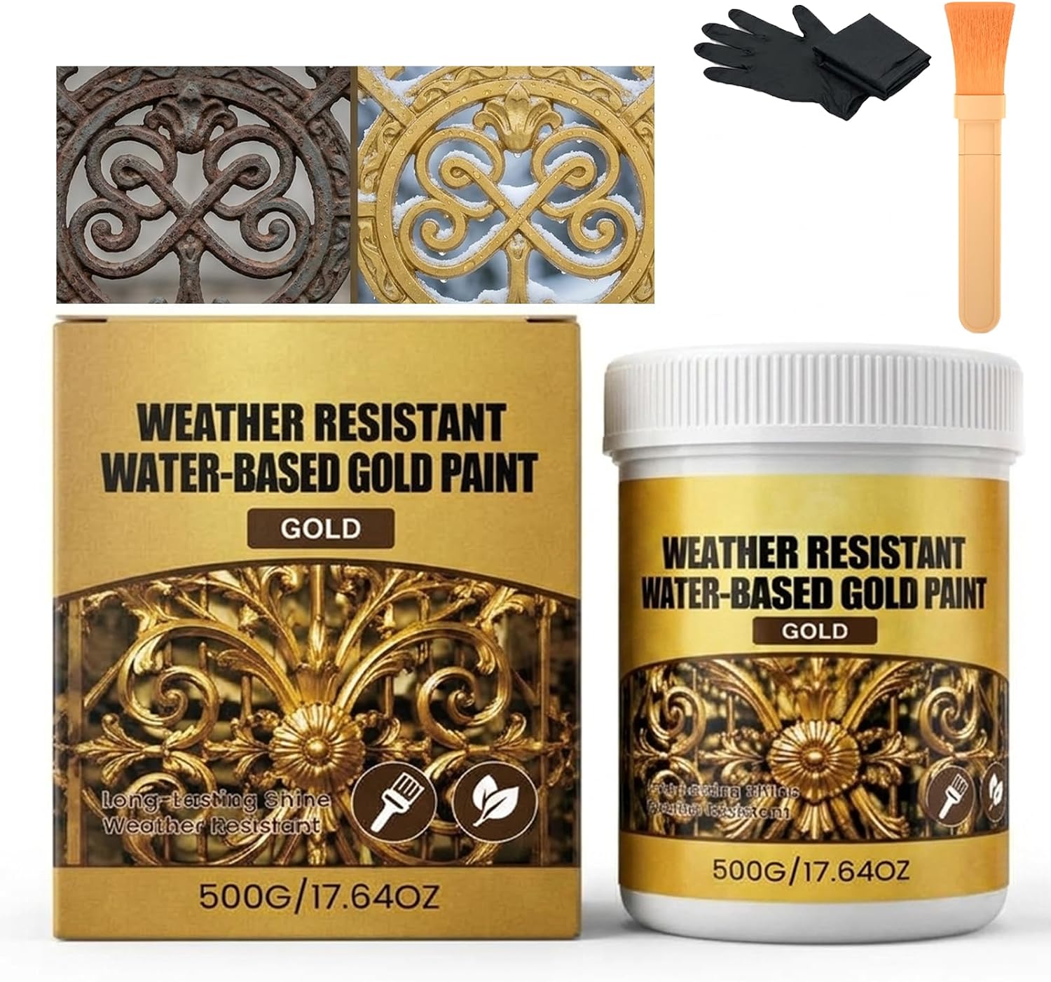 Metallic Gold Paint for Outdoor & Indoor, Water-Based Gold Leaf Paint, Weather-Resistant Waterproof Acrylic Paint for Metal, Wood, Stone, Crafts, High Gloss Brilliant Shine Gilding (17.64 oz)