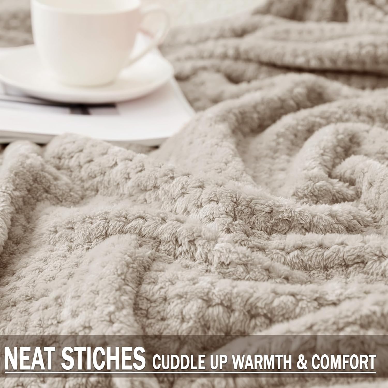 Exclusivo Mezcla Fleece Bed Blanket Queen Size, Super Soft and Warm Blankets for Couch, Sofa and Bed Waffle Textured, Cozy, Fuzzy and Lightweight (Tan, 90x90 Inches)