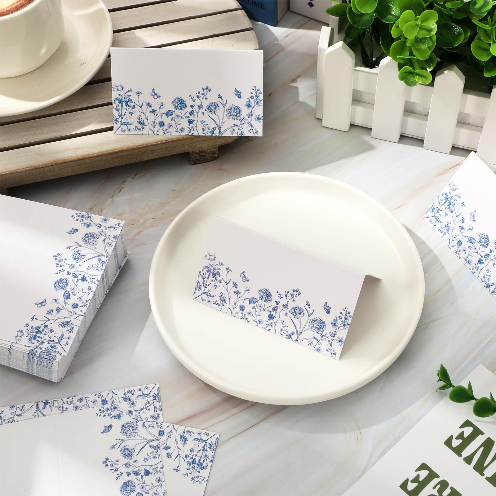 Whaline Tischkarten mit Blumenmuster, 8,9 x 5,1 cm, Chinoiserie, Zeltkarten, Sitzkarten, Namensschild, blanko, Tischnamensschilder für Feiertage, Buffet, Party, Tischdekoration, 100 Stück
